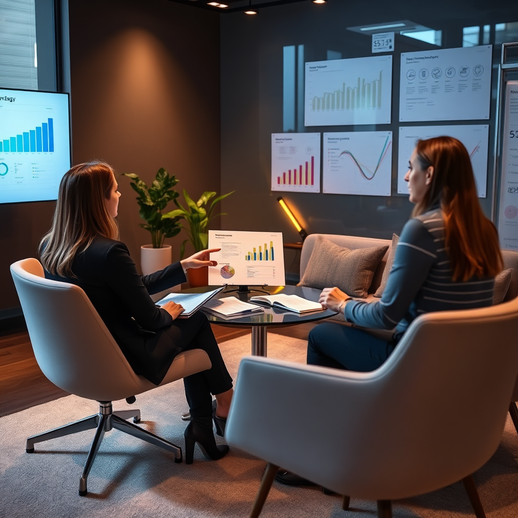 A professional consulting environment where a consultant discusses AI strategy with clients using visual aids. The setting is modern with sleek furniture and technology, complemented by ambient lighting that creates a productive atmosphere. Charts and graphs showcasing strategies are visible in the background.