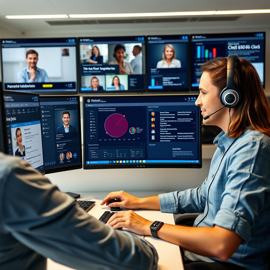 A professional support team working remotely, providing assistance via video calls and chat. They should be surrounded by multiple screens showing website performance analytics and client feedback platforms.