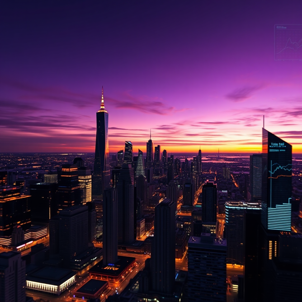 A striking image representing the essence of AI in sales and marketing. The focus is on a futuristic city skyline, symbolic of innovation and progress, with digital overlays of graphs and marketing data in the foreground. The lighting is dramatic, with a dusk palette of purples and oranges. The image captures a broad view of the city with a slight tilt, emphasizing the endless possibilities of AI. The textures should be slick and modern, hinting at technology, and the overall style should draw inspiration from digital art, captured in high quality 4K resolution.