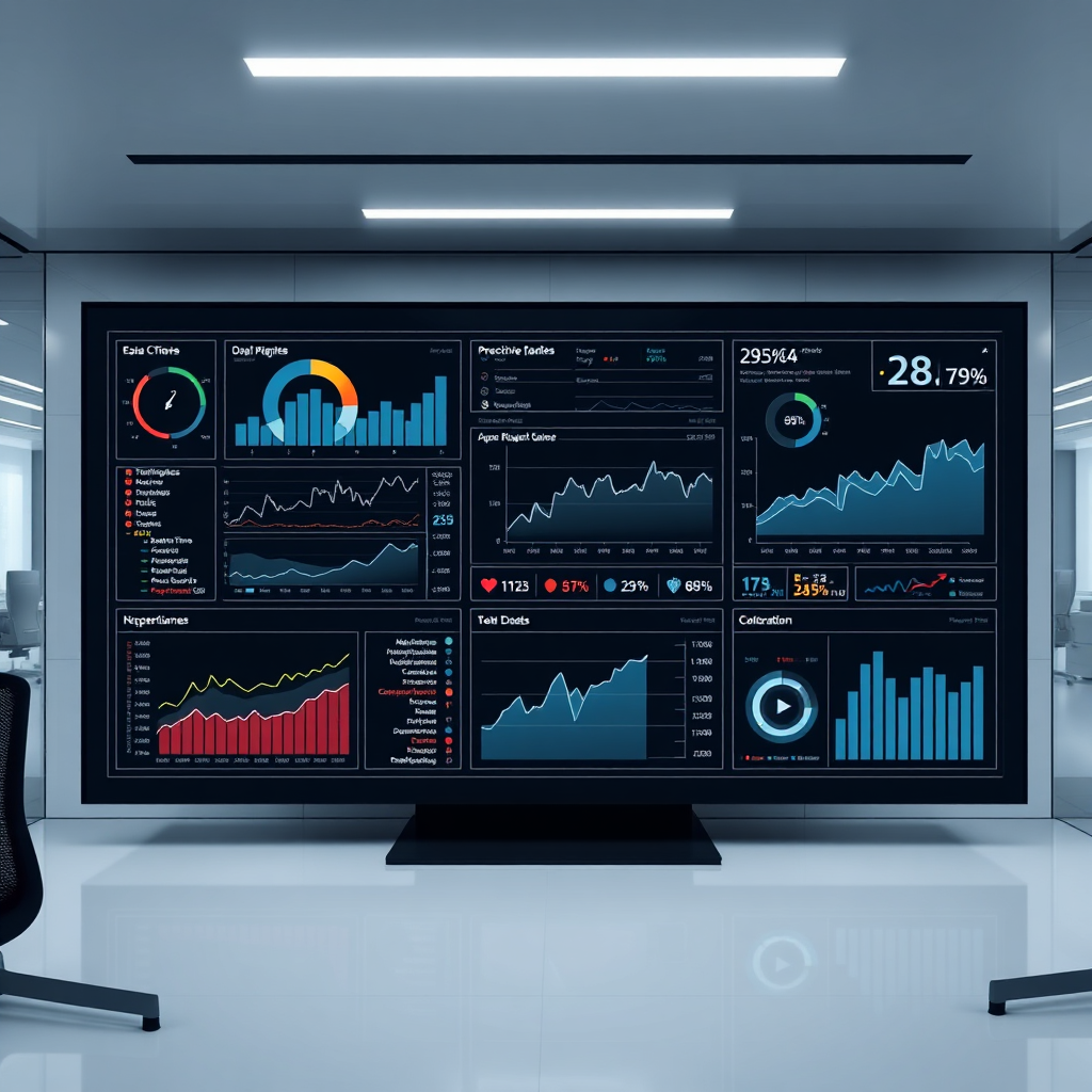A striking visual of a futuristic dashboard filled with interactive graphs and predictive models, showing various data points in real-time. The setting is a high-tech office with clean lines and a minimalist design. The lighting is soft but focused, enhancing the clarity of the dashboard. The colors are sleek, primarily blacks and grays with luminous data highlights, conveying a sense of technological advancement. The image should feel engaging and forward-thinking.