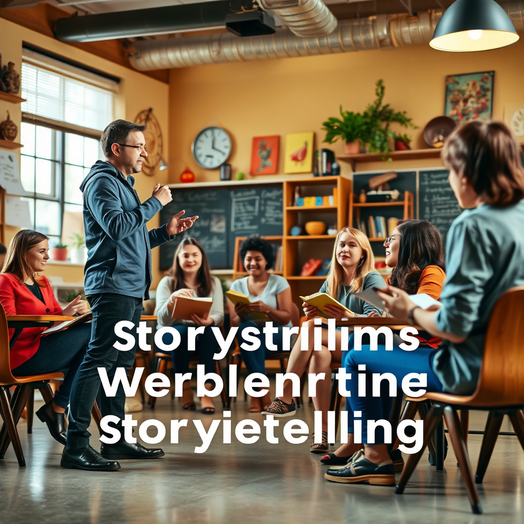 A stylized image of a passionate workshop leader guiding a group of eager writers through the elements of storytelling. The setting is a stylish classroom with creative decor, and warm, intimate lighting. The color palette incorporates earthy tones paired with vibrant accents. The camera angle captures the leader's enthusiasm and the participants' expressions of inspiration. Textures include the tactile surfaces of notebooks and the polished floor. Style references call upon contemporary teaching methods and engaging learning environments.