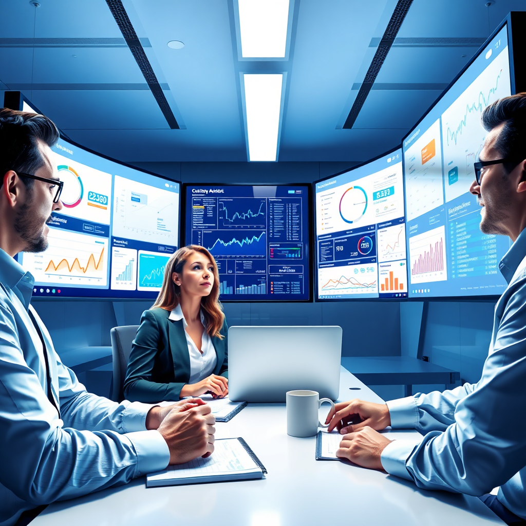 A stylized image showing a group of marketing professionals analyzing data on large screens filled with customer analytics. The office is sleek and modern, with vibrant displays illuminating their faces. A color scheme of blue and white enhances the technology focus, while props like coffee cups and notebooks emphasize a collaborative work environment. The lighting is bright and clear, with a clean focus on the screens displaying complex data visualizations.