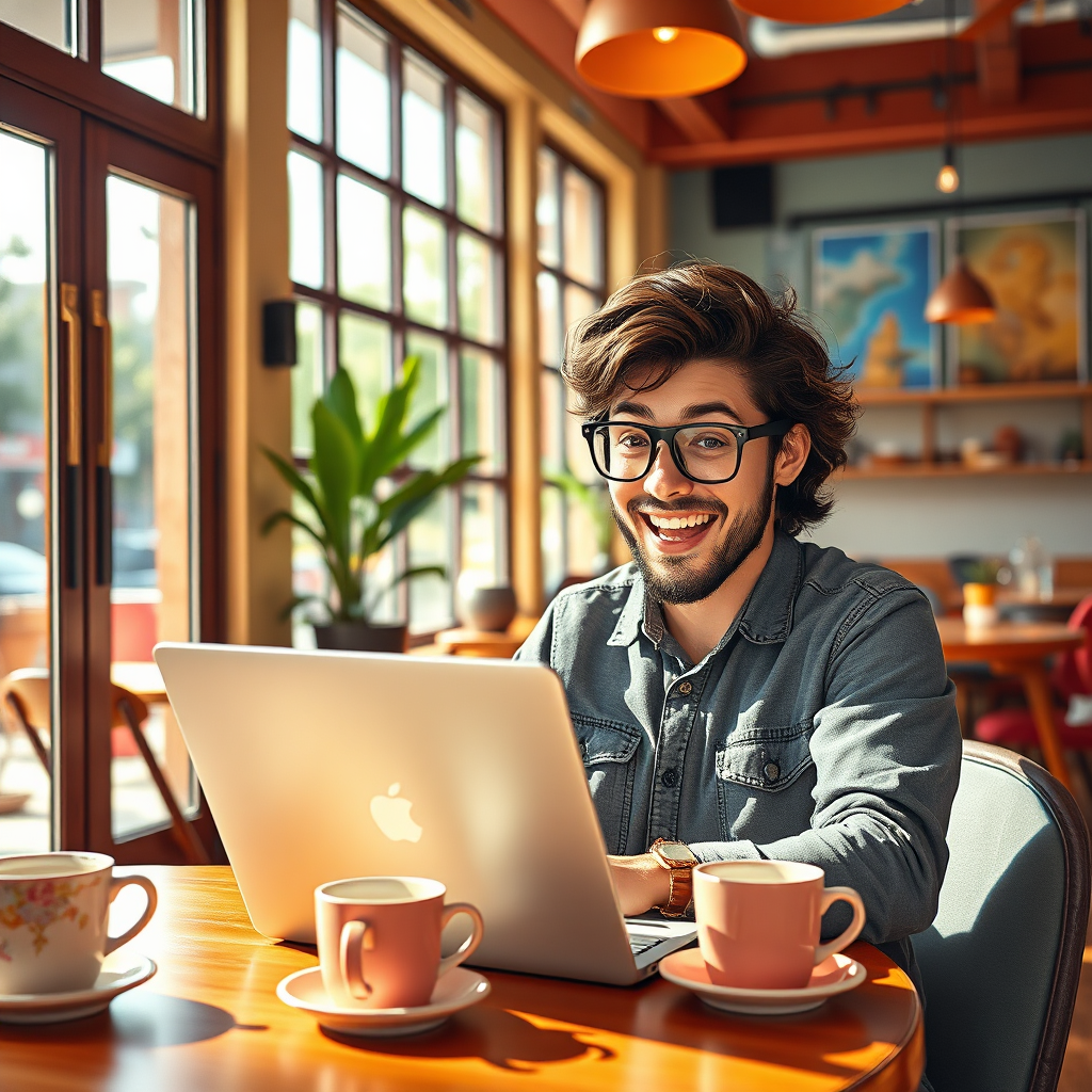 A stylized image showing an enthusiastic author creating digital content in a trendy café setting. The vibrant colors of the café interior reflect a youthful and dynamic atmosphere, with sunny outdoor light streaming through the windows. The camera captures the author's expressions of creativity and their interaction with a laptop. Textures highlight the ambiance of the café, with detailed elements like coffee cups and stylish furniture. Style references come from modern co-working spaces and informal business environments.