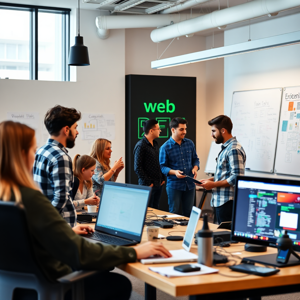 A team of web developers in a modern office setting, focused on coding and discussing designs. The room should be filled with brainstorming whiteboards and high-tech equipment, emphasizing collaboration and creativity.