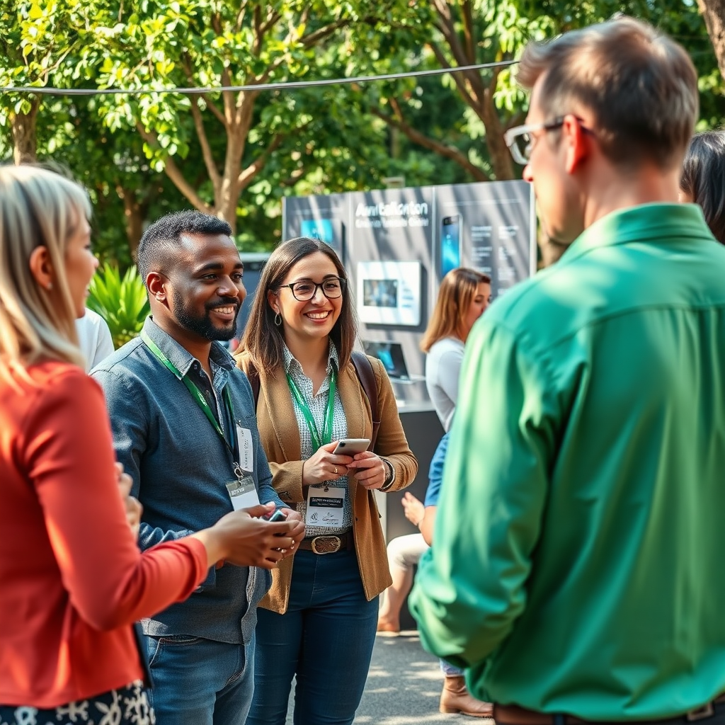 A vibrant community event depicting business leaders interacting in an outdoor setting, sharing insights about AI and sales. The environment is inviting, with greenery and technology displays in the background. Natural lighting adds warmth and positivity to the scene, encapsulating the essence of relationship building.
