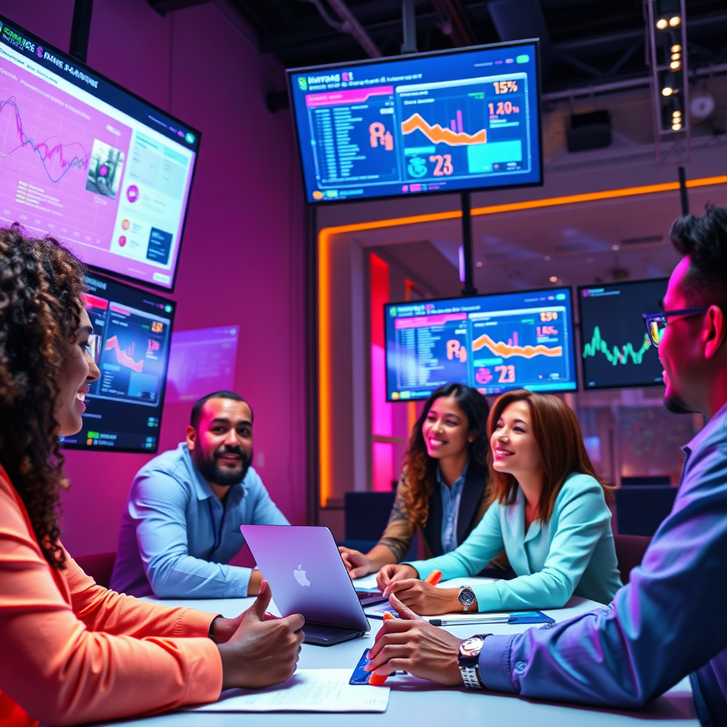 A vibrant image showcasing a diverse team utilizing AI-powered sales tools in a meeting room. The room is filled with screens displaying real-time data, and the professionals are engaged in discussion. Bright, energetic colors create an atmosphere of innovation, and the lighting is strategically aimed at highlighting the screens and the expressions of the team members.