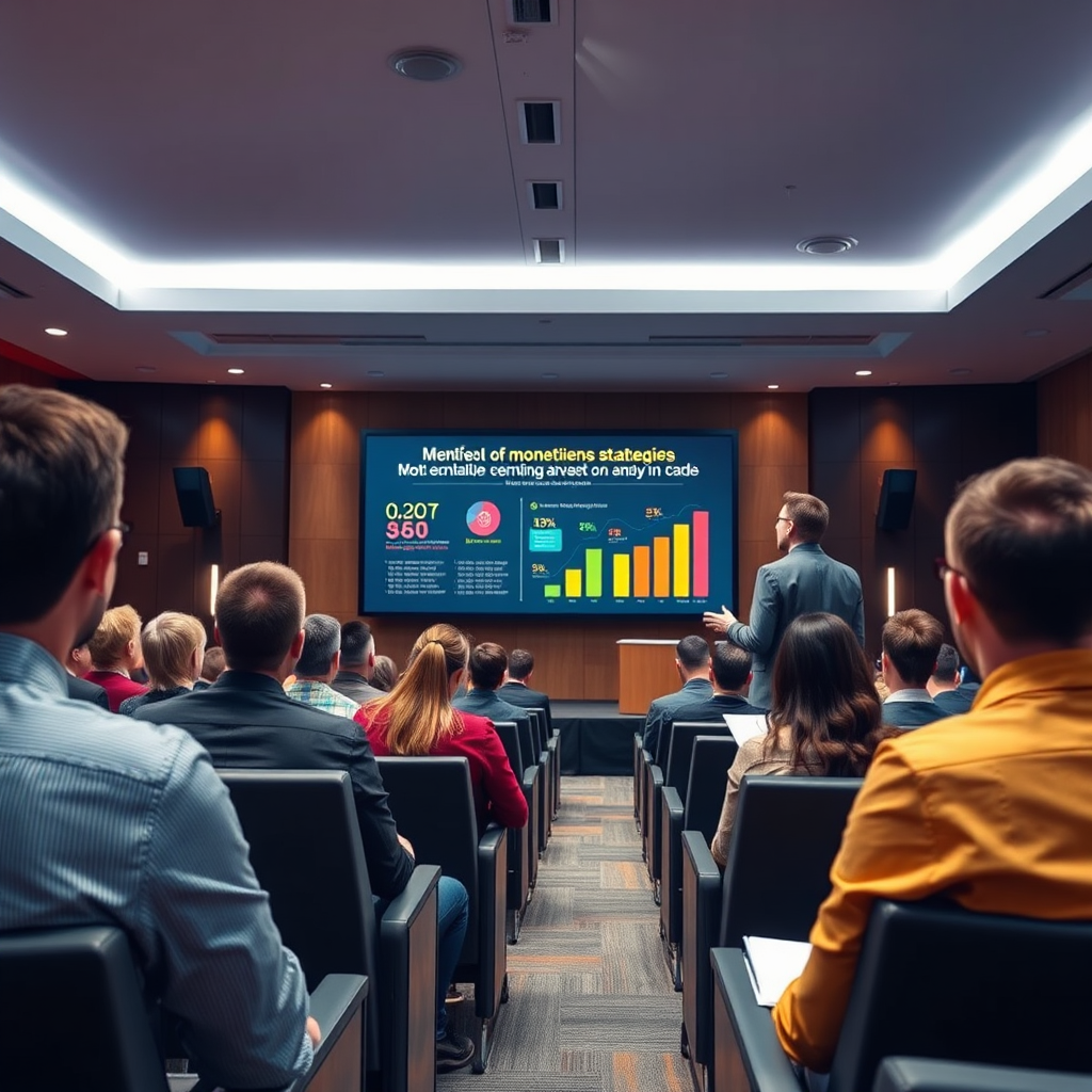 A vibrant, photorealistic image of a motivational speaker presenting on monetization strategies in a modern auditorium. The setting features a professional environment with bright lights and a large screen displaying infographics. The speaker engages the audience with enthusiasm, and the color palette is dynamic with bold colors. The camera angle captures the energy of the room, with focused attendees taking notes. Textures include sleek furniture and digital screens. Style references highlight contemporary business seminars.
