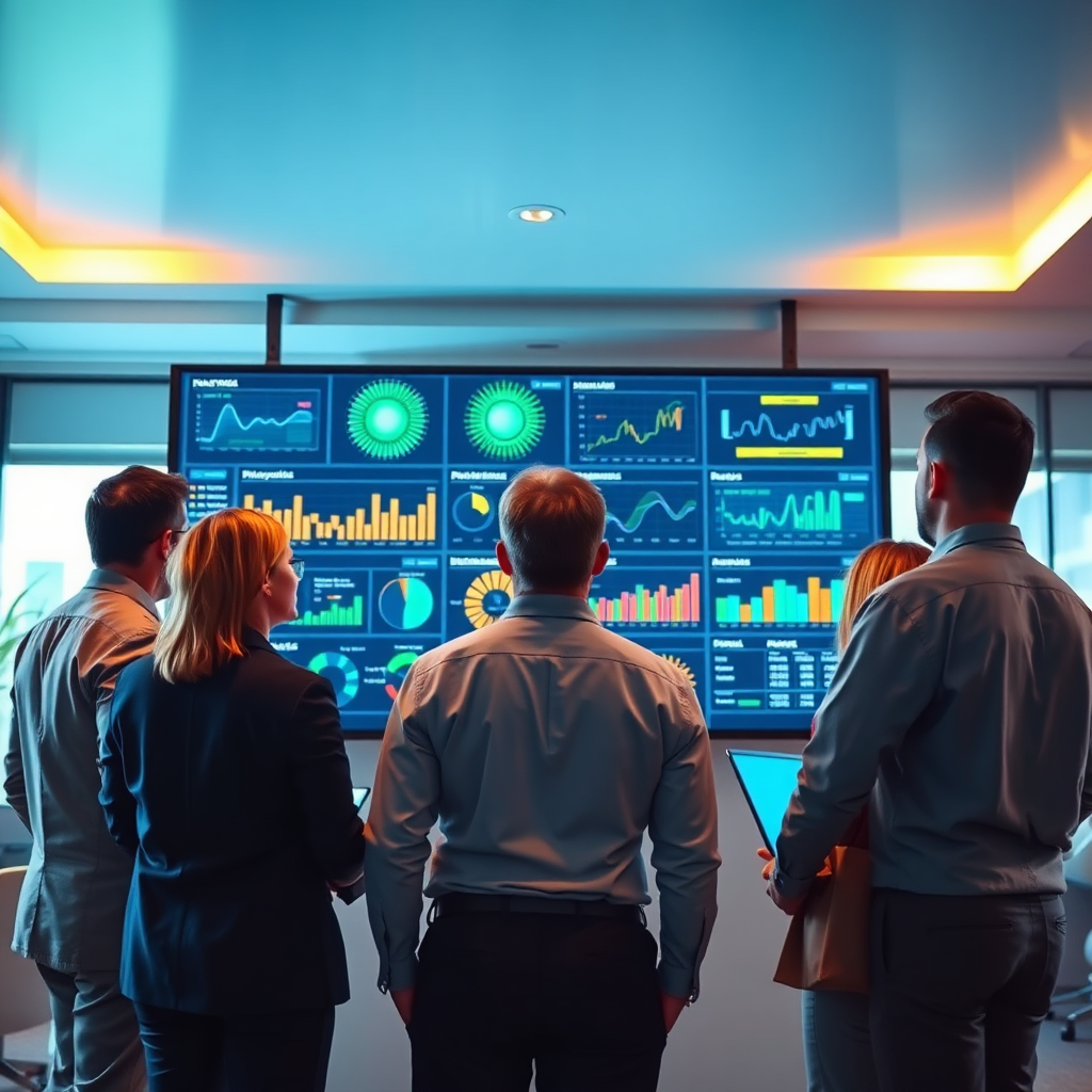 A vibrant scene of a business team collaborating in front of a large screen displaying dynamic AI models and analytics dashboards. The setting is bright and modern, with warm overhead lighting. Colors are a mix of professional blues and engaging greens. The camera angle is slightly elevated, showing both the screen and the engaged team, emphasizing the significance of teamwork in AI solutions. This image should feel innovative and inspiring, presented in a photorealistic style.