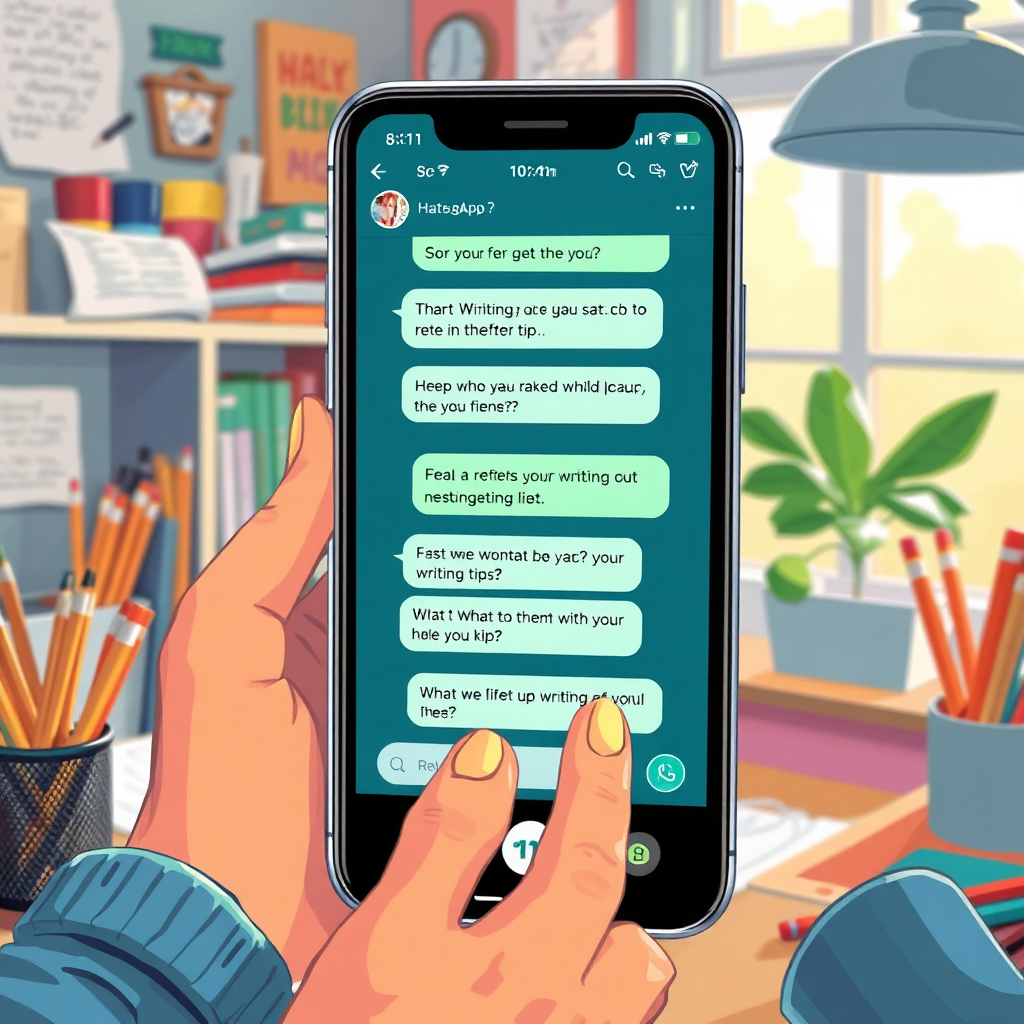 A vibrant, stylized image depicting a live WhatsApp chat on a smartphone showing engaging dialogues filled with writing tips. The setting is filled with art supplies and personal notes that inspire creativity. Light from a nearby window adds warmth to the scene, while the color palette is cheerful and energetic. The camera angle focuses on the screen as hands gesture in excitement. Textures highlight the digital aspect with clean lines and vivid colors. Style references capture the excitement of modern communication.