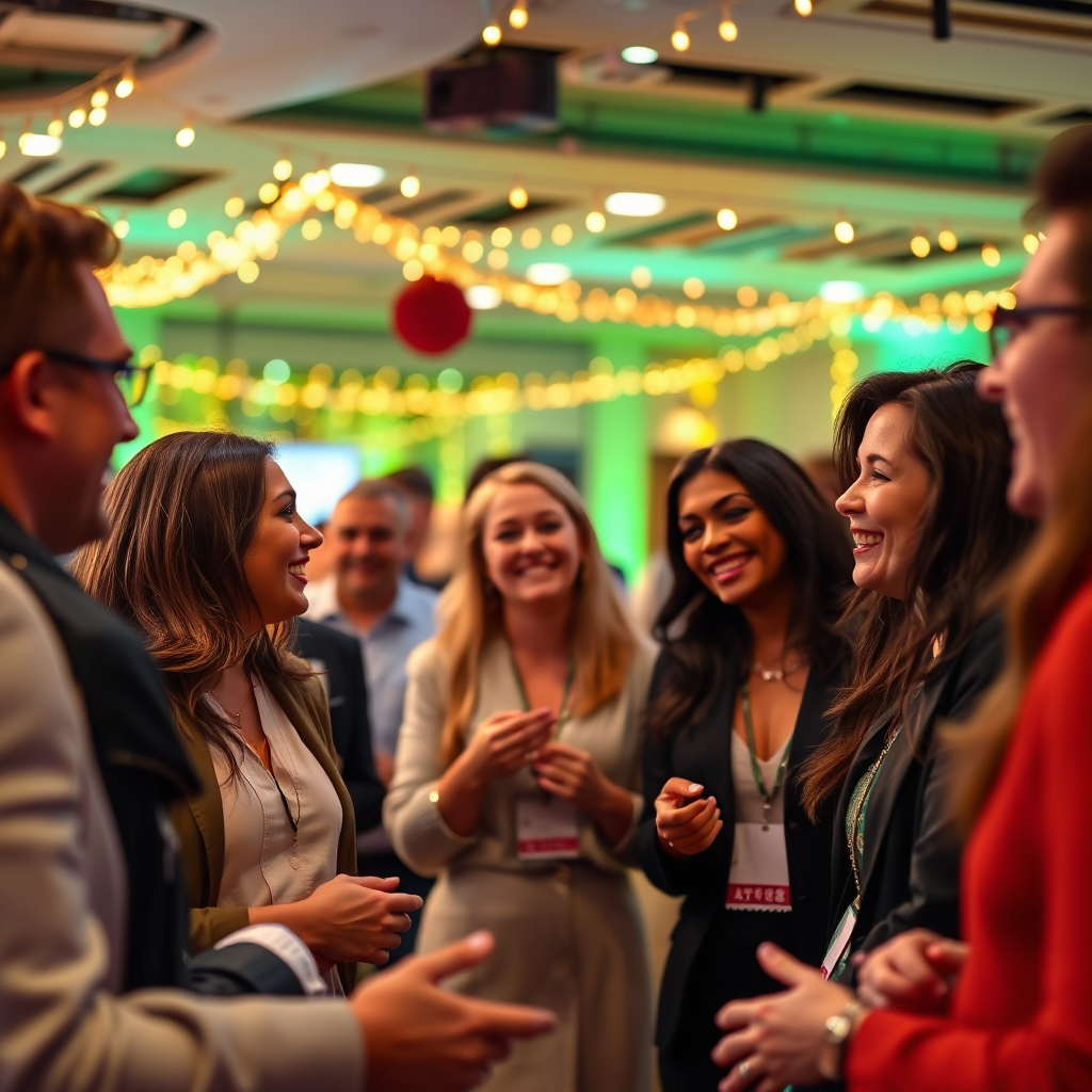 A vibrant visual of a diverse group of professionals interacting at a networking event, symbolizing community and collaboration. The background is festive and inviting, with soft lighting diffusing throughout the space. The colors are warm and welcoming, fostering a sense of connection. The camera angle captures laughter and engagement among attendees, presenting a friendly atmosphere. The image should reflect a high-quality, lively community event.