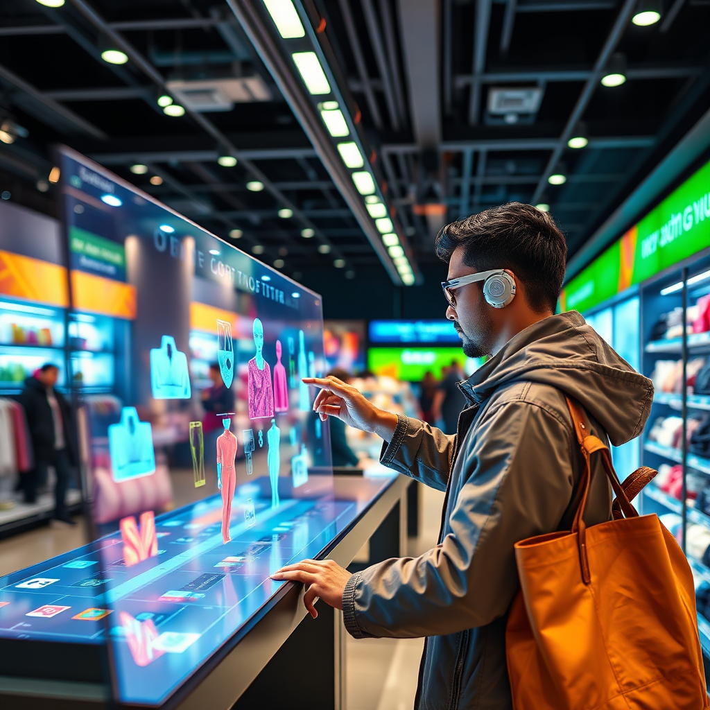 A visually striking image of a user interacting with an augmented reality display showcasing products at a retail store. The environment is lively, combining physical and digital elements seamlessly. Bright colors and dynamic lighting highlight the interactivity and excitement of the shopping experience.