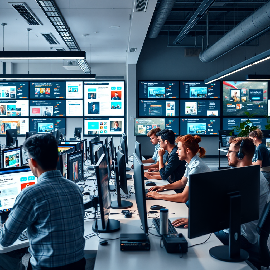A visually striking workspace showcasing a diverse group of web developers collaborating on computers, surrounded by screens displaying innovative website designs. The environment is bright and modern, with AI-powered tools like virtual assistants and holographic interfaces enhancing the workflow.