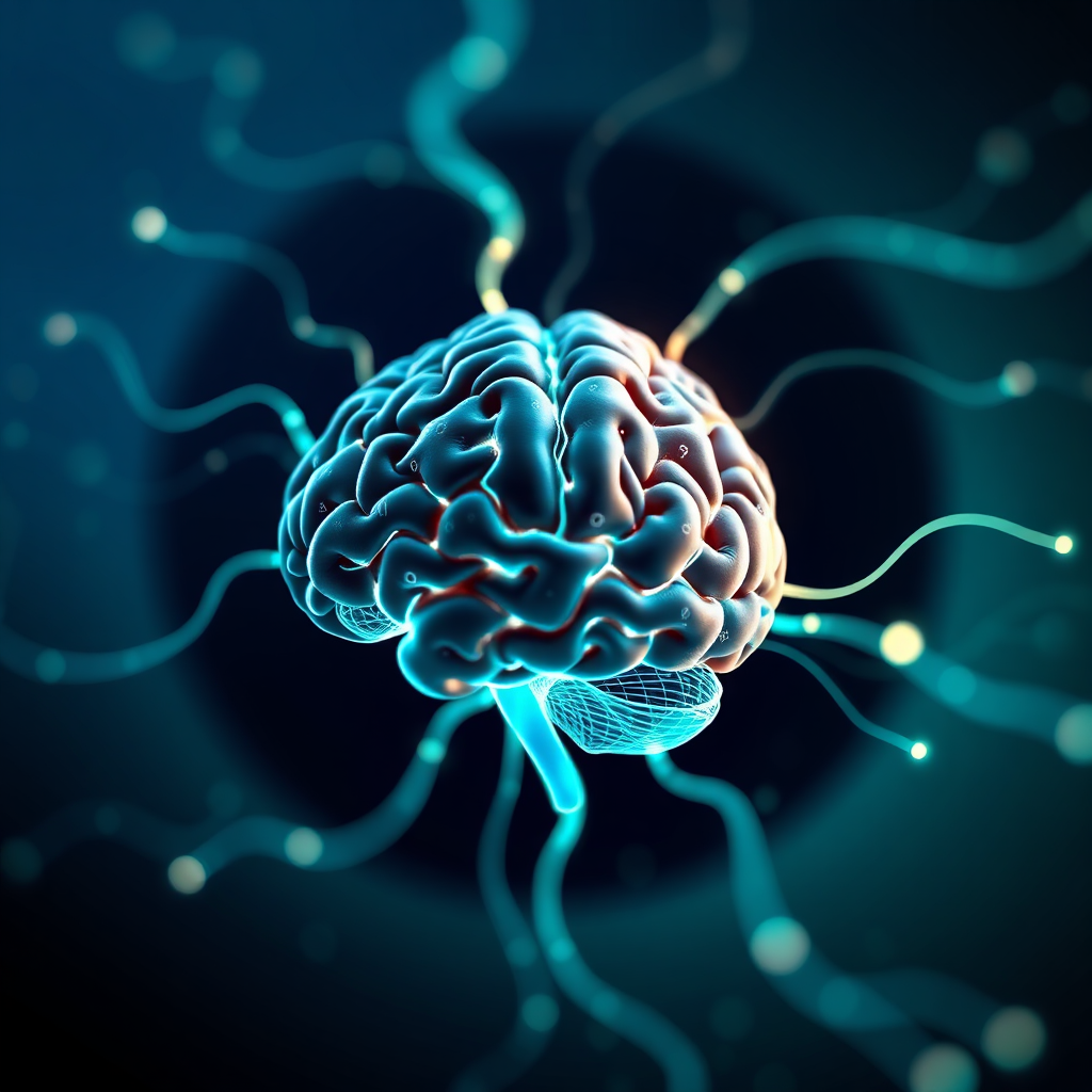 An artistic representation of a digital brain surrounded by flowing data streams, symbolizing the intelligence behind data-driven marketing. The background is a sleek gradient, transitioning from deep navy to vibrant teal, suggesting depth and innovation. The camera focuses closely on the intricate details of the data streams, showcasing a blend of light and shadow. This creates a sense of movement, inspiring the viewer about future possibilities. The concept should be visually arresting and executed in high-quality detail.