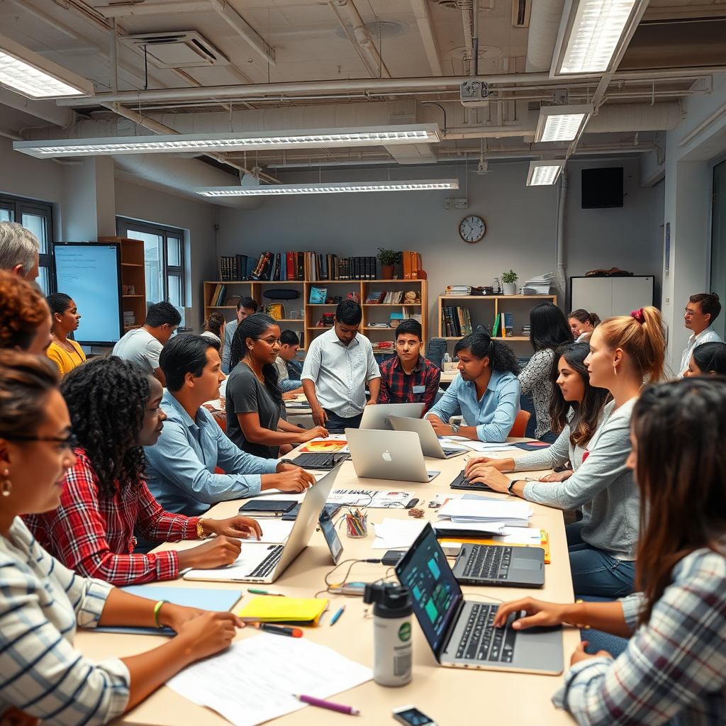 An energetic workshop scene featuring diverse participants engaging in AI training sessions. The atmosphere is interactive, filled with resources and digital tools. The space is well-lit with a mix of natural and artificial light, highlighting the collaborative efforts and attention towards personal growth.