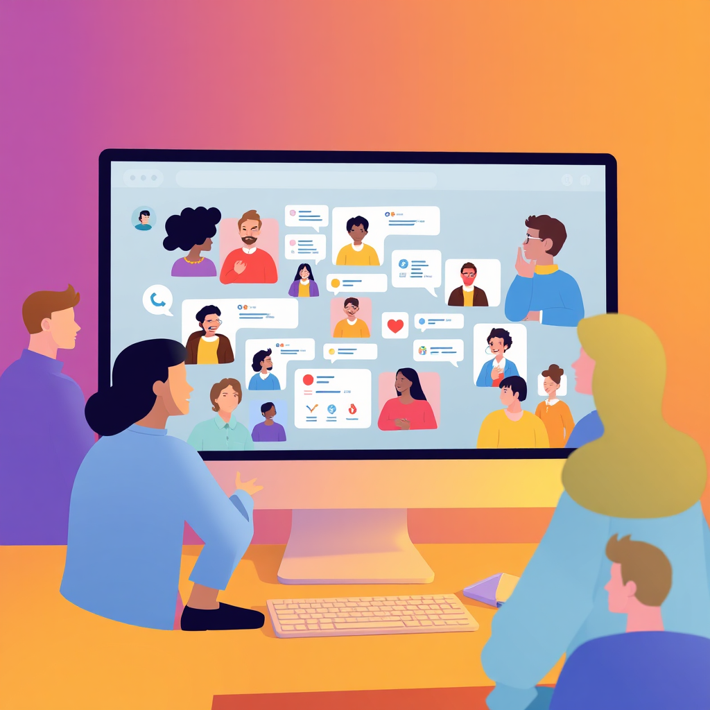An engaging visual of a digital community platform on a computer screen, surrounded by diverse individuals interacting online. The composition feels connected and vibrant, with a color palette promoting inclusivity and engagement. Warm lighting adds a welcoming feel, featuring visuals of chat discussions and collaborative projects.