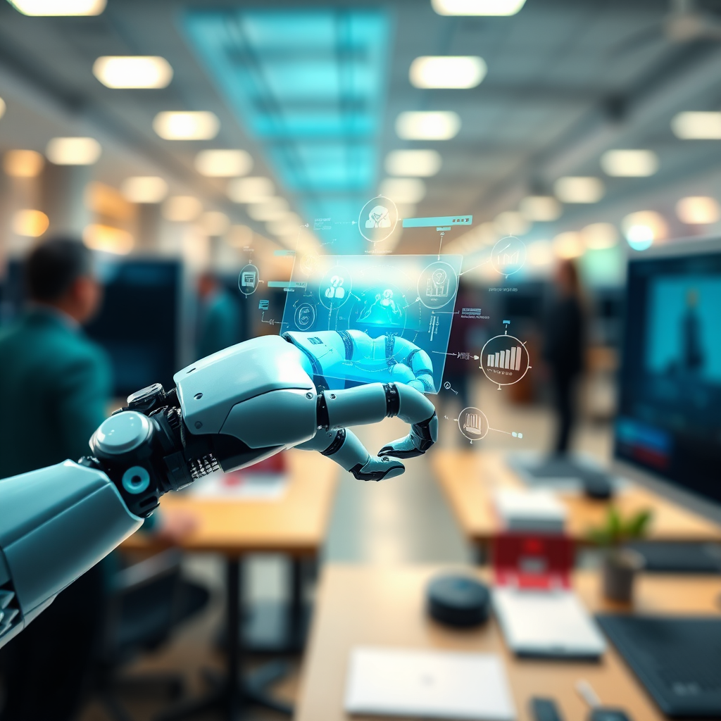 An engaging visual of a robotic hand interacting with a digital interface that displays automated processes in action. The background suggests a bustling office environment with blurred motion conveying productivity. The lighting is bright and energetic, infused with shades of blue and green, reflecting a tech-driven atmosphere. The camera angle is dynamic, capturing both the robot's interaction and the busy office environment around it. The overall style evinces a futuristic yet accessible feel, designed in high-quality detail.