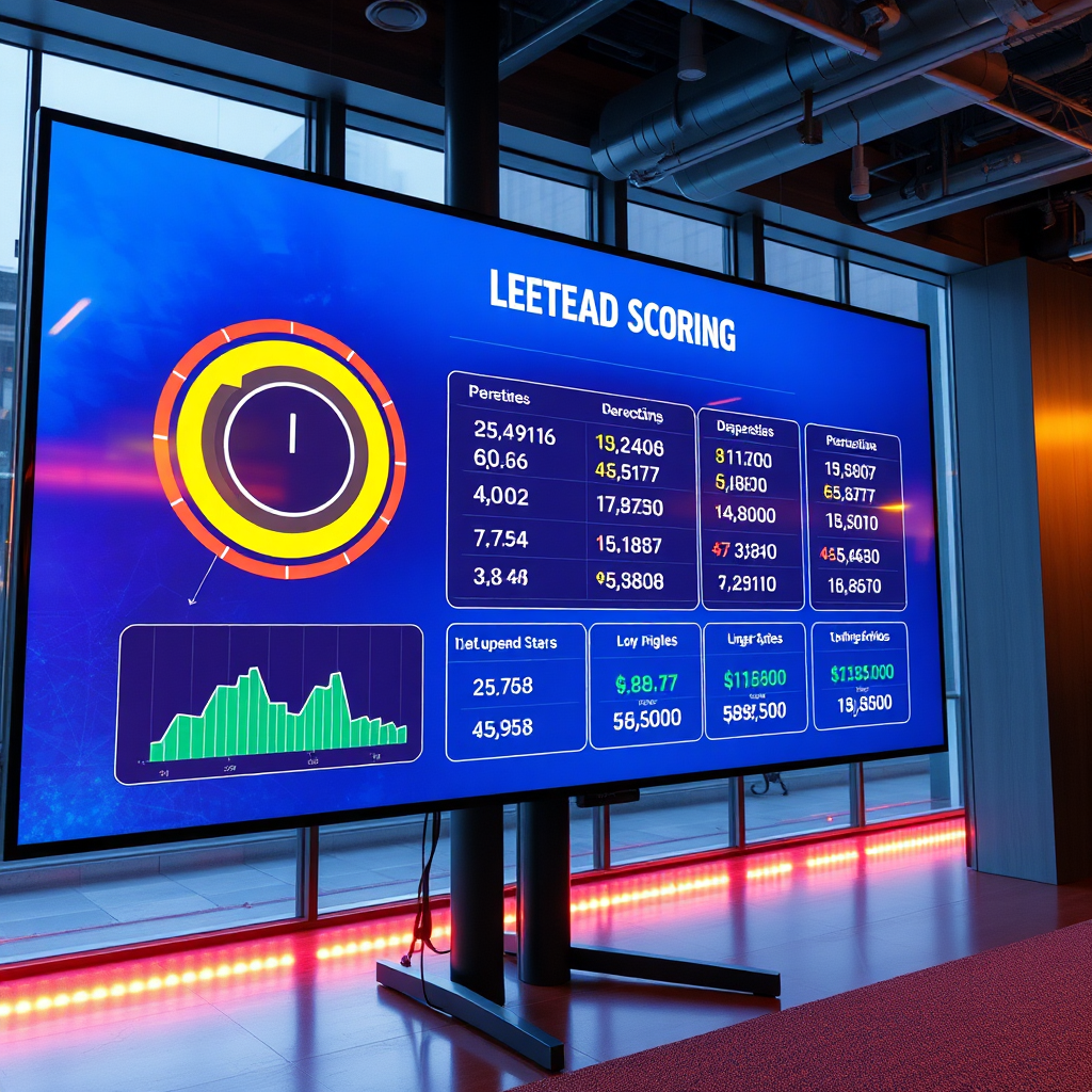 An engaging visualization of an AI lead scoring system showcased on a large monitor, with visually striking graphics representing different lead scores. The environment is modern, with high-tech features, and warm lighting enhances the atmosphere while flaring mildly against the digital screen, highlighting the attention to detail.