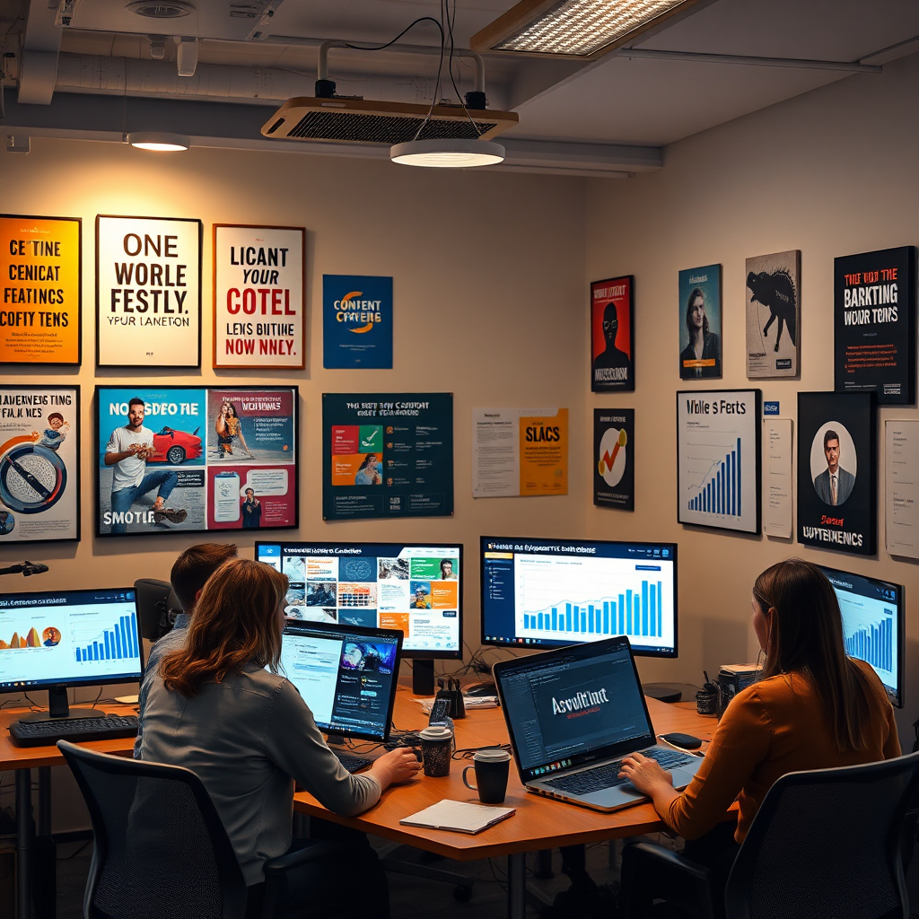 An engaging workspace where a content team collaborates to create tailored marketing campaigns, surrounded by motivational posters and technology. The lighting is warm and inviting, with screens showcasing diverse content ideas and graphs representing content performance. The overall aesthetic should promote creativity and innovation in a professional setting.