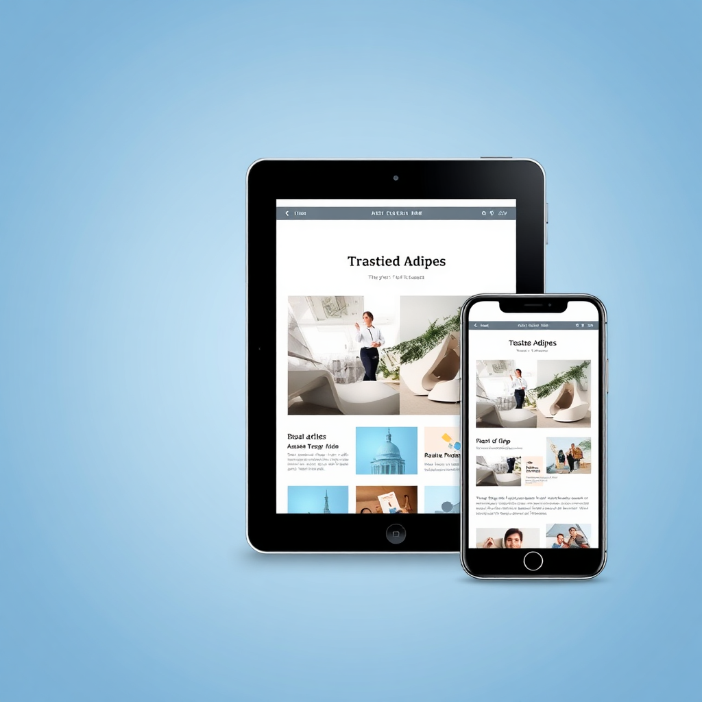 An illustration showing a smartphone and a tablet side by side, displaying the same beautifully designed website that adjusts perfectly to each screen. The background should have a gradient that emphasizes the transition from desktop to mobile interfaces.