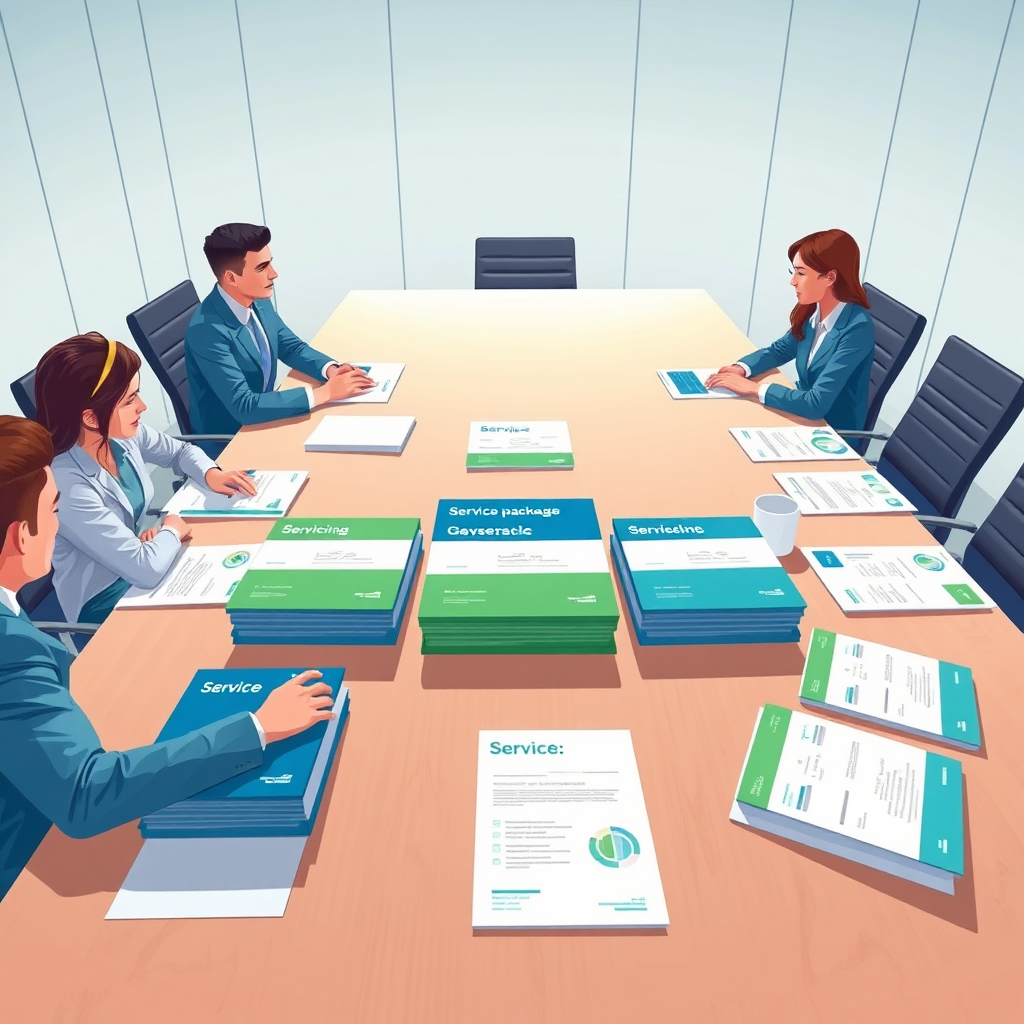 An illustrative image showcasing various service packages laid out on a conference table, with professionals discussing them. The lighting is bright, and the palette features professional blues and greens to instill confidence. The camera angle is at eye level, bringing a sense of authority and engagement to the discussion. This image should embody cooperation and customization in a sleek design.