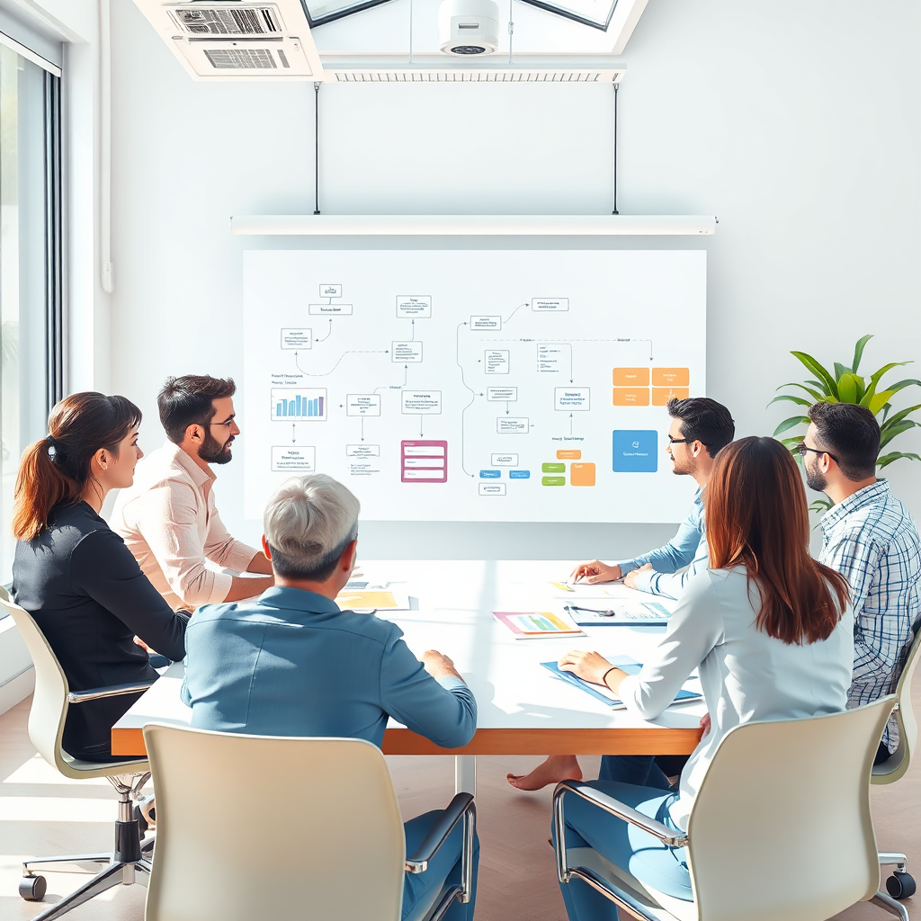 An image illustrating a team engaged in brainstorming sessions around a table, with flow charts and diagrams projected on a screen. The workspace is bright and colorful, with an emphasis on collaboration. Natural light filters in, creating a positive energy that enhances idea generation.