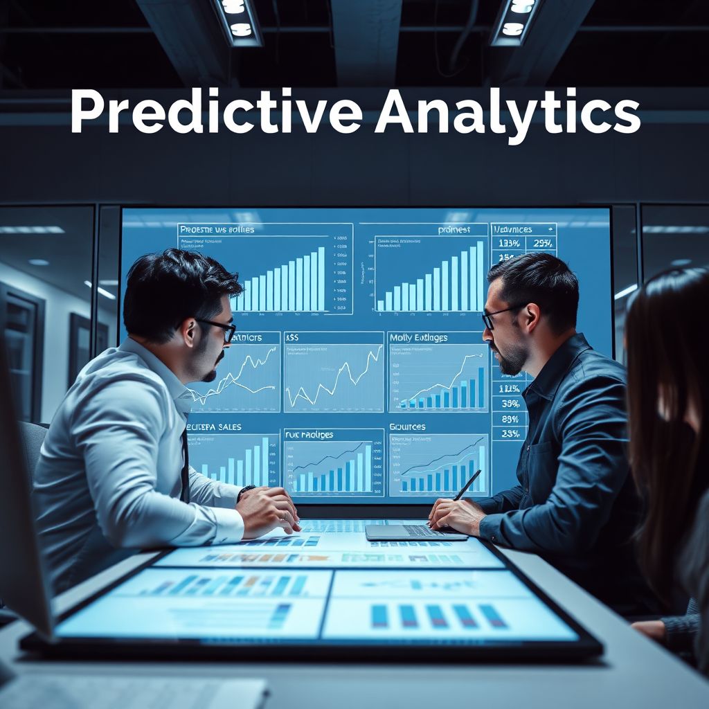 An image illustrating predictive analytics in action, with a team of analysts intently discussing projections over a digital board filled with graphs and statistics. The scene is modern and dynamic, featuring a high-tech workspace that emphasizes innovation, with cool-toned lighting and sharp contrasts. The visual cues include charts that project future sales trends, depicted with animated effects for emphasis.