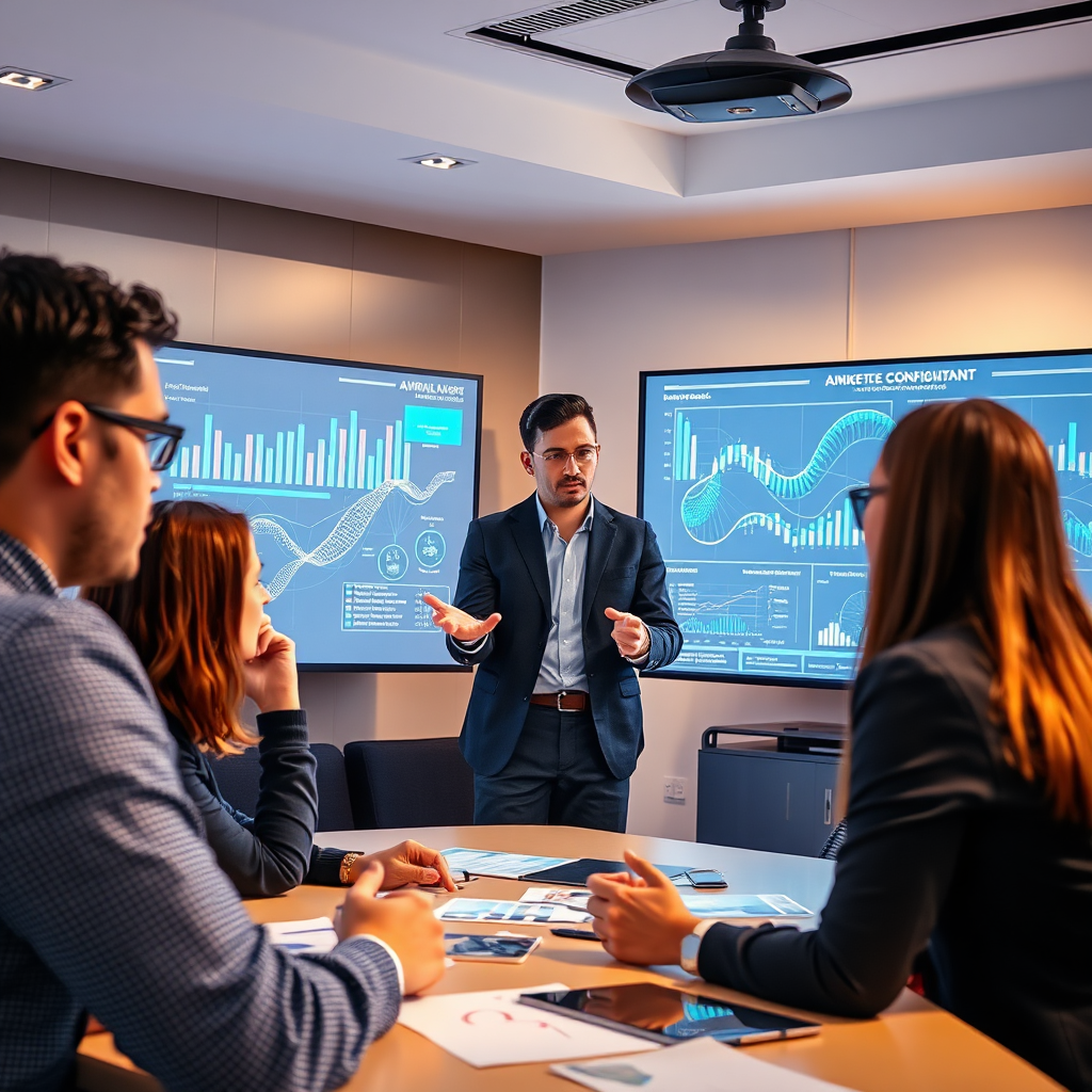 An insightful image of a professional consultant discussing AI strategy with a business team, surrounded by data visuals projected onto screens. The environment is bright, emphasizing collaboration and engagement. A warm color palette with accents of blue reflects creativity and intelligence. The camera angle captures the dynamic interaction between the consultant and the team, illustrating strategic dialogue in action.