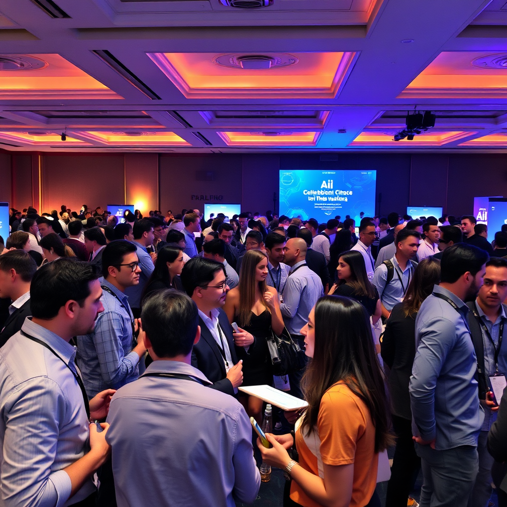 An interactive networking event, bustling with professionals exchanging ideas and showcasing their innovations related to AI. The atmosphere is lively and engaging, with dramatic lighting illuminating sections of the event, making it feel dynamic and promising. The props include tech gadgets and promotional materials, emphasizing collaboration.