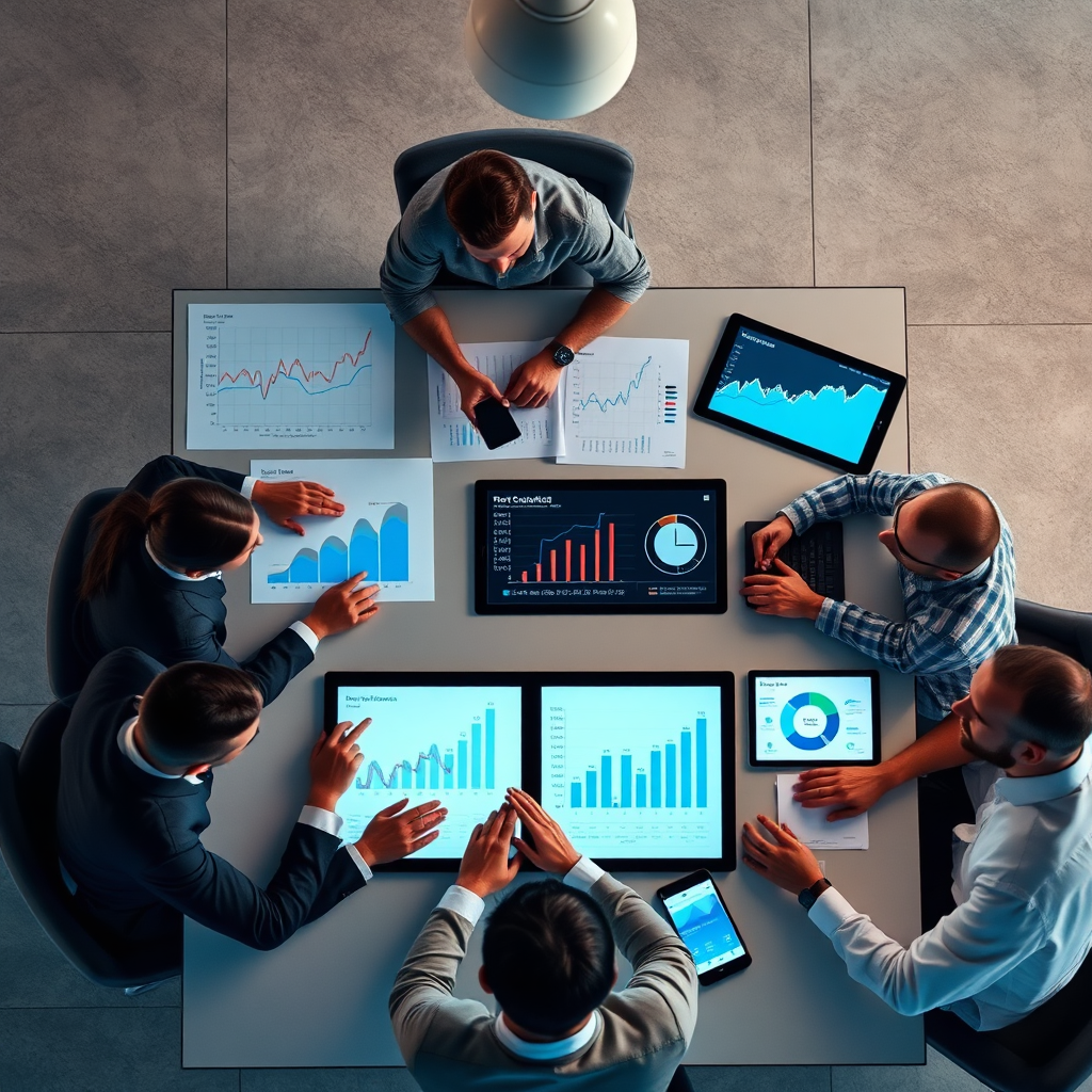 An overhead shot of a business meeting with graphs and projections on a table, alongside digital devices showcasing real-time analytics. The environment is professional, with cool lighting enhancing the analytical feel. The color scheme is neutral with pops of color from the digital devices, emphasizing innovation. The camera angle captures both the analytical materials and the thoughtful interaction of team members engaged in discussions. The image needs to inspire confidence and strategic thinking.