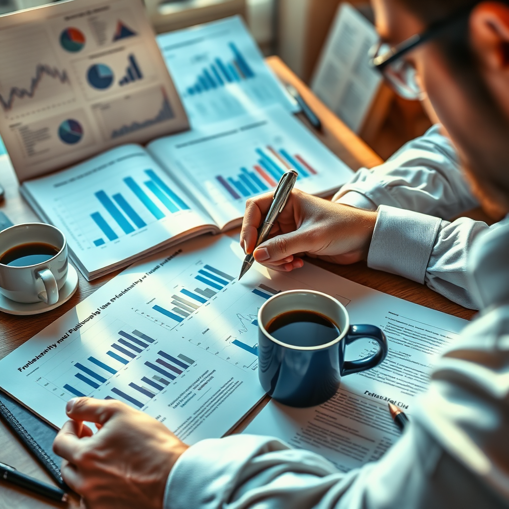 Create a captivating image representing an author studying industry charts and trends. The visual should illustrate a desk with graphs, publishing guides, and an open book where the author is taking notes. Warm light spills into the scene, enhancing focus on the documents. Include elements like a cup of coffee to signify long hours of research. Utilize a vibrant yet professional color palette with highlights in blues and whites. The camera should offer a close-up perspective that draws attention to the author's expressions and the details in the documents, enhancing the seriousness of the study.
