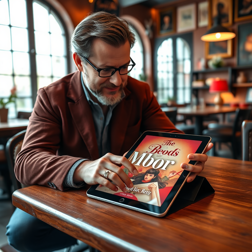 Create a stylish image of an author reviewing a beautifully designed e-book cover on a tablet. The background should be a cozy café with artistic decor, with light pouring in through large windows. The warmth of the color palette, dominated by soft reds and browns, should enhance the inviting environment. The composition should be inviting, with the focus on the tablet and the author's animation as they delight in the design. The texture of the tablet's screen should contrast with the wooden table surface, enriching the visual.