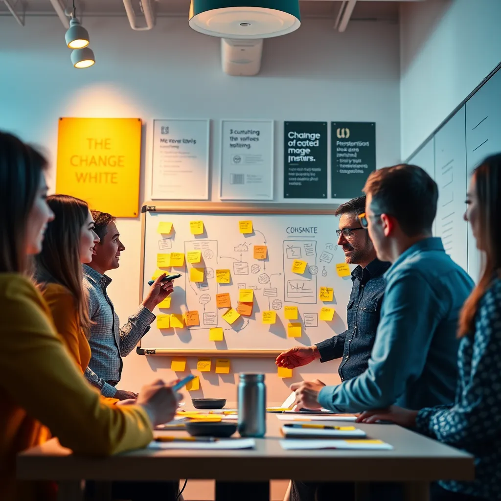 Create a vivid, high-quality image illustrating a consultant guiding a team through a change management workshop. The composition centers on a whiteboard filled with colorful diagrams and sticky notes around engaged participants. The lighting is a mix of cool and warm tones, signifying creativity and collaboration. The mood is energetic yet focused, with a color palette of engaging yellows and calm blues. The camera angle is slightly low, capturing the interaction and expressions on the team's faces. The texture of the whiteboard and craft papers adds a tactile element to the scene, while a modern office backdrop with motivational posters enhances the environment. Style references could be inspired by photographs of collaborative spaces by Henri Cartier-Bresson. Ensure the image is in 8K resolution, providing hyperrealistic depth and detail.