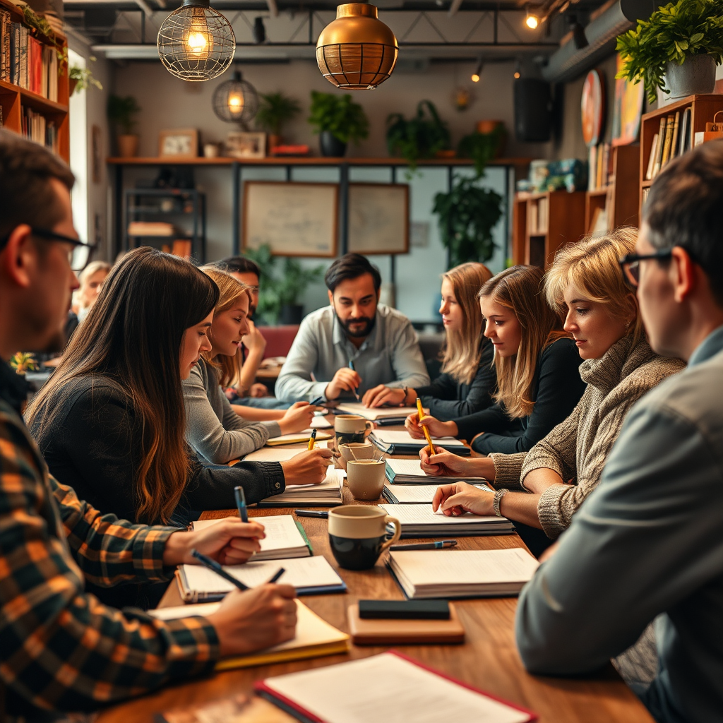 Design a lively photo of an interactive workshop in session, showcasing authors writing and discussing ideas in groups. The environment should be filled with notebooks, pens, and digital devices, with era-appropriate decor that inspires creativity. Use a warm lighting scheme to cultivate an inviting atmosphere, with a diverse group of participants representing various demographics. The focus should balance on both individuals and group discussions. Texture should highlight the mix of materials in the environment, enriching the dynamism of the scene.