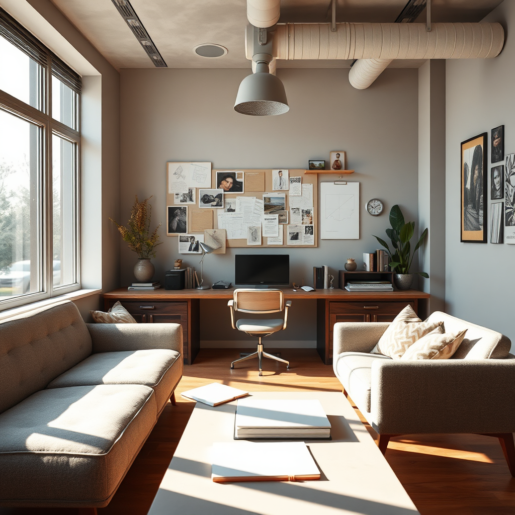 Envision a sleek, modern workspace filled with creative energy. The image captures a thoughtfully organized desk with inspirational items like mood boards, sketches, and plans for books. Ample natural light highlights a rich, warm color palette integrating soft grays and earthy tones. The camera angle should provide a slight tilt, emphasizing the creativity flowing from each corner of the workspace. Include subtle texture details like the fabric of supportive seating, the glossy finish of notepads, and the warmth of sunlight filtering in. Aim for a visually engaging and motivating scene.