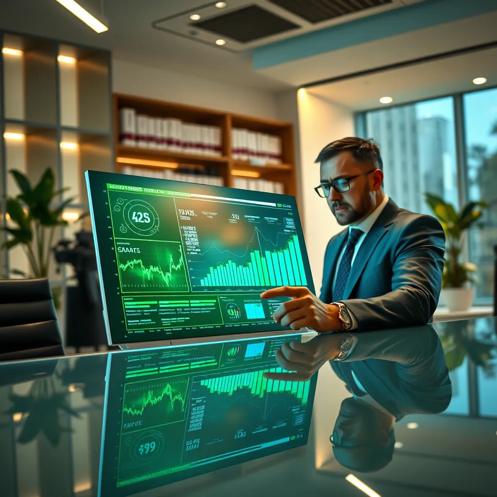 Generate an ultra-high quality image of a consultant analyzing market data on a touchscreen interface in a high-tech office setting. The lighting is bright, focusing on the screen, enhancing the clarity of the analytics displayed. The color palette incorporates vibrant greens and blues, symbolizing growth and opportunity. The perspective is from slightly behind the consultant, capturing their focused expression and the reflected data on the screen. The texture of the sleek glass surface and modern furnishings add sophistication. In the background, shelves lined with books on market research provide context, while a potted plant introduces a touch of nature. Style references include the clean aesthetic of Norman Foster. The final image should be in 8K resolution, showcasing hyperrealistic details throughout.