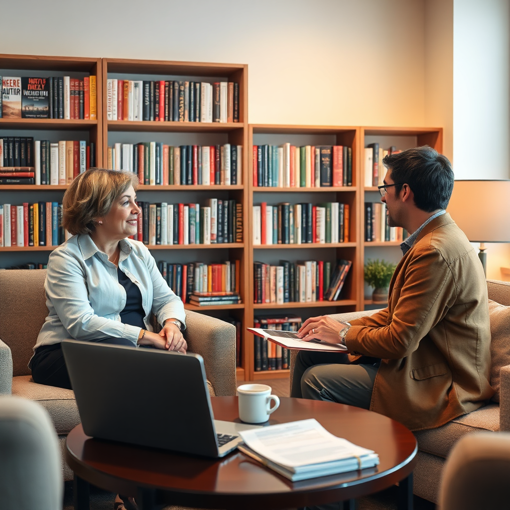Imagine a consulting session with an experienced publishing expert advising an author. This scene should reflect a comfortable office setting with bookshelves filled with industry books. Soft lighting creates a relaxed atmosphere, while elements like a feedback form and a laptop on the table accentuate professionalism. The color palette should be cozy, with earthy tones filling the space. Use a medium shot focusing on the interaction between the consultant and the author, capturing the essence of personalized support. Ensure textures in the furnishings are clear, contributing to the professional yet inviting feel of the setting.