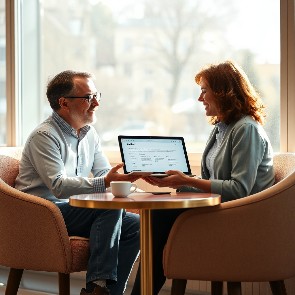 Imagine a photorealistic image depicting a one-on-one consultation session between an author and a support specialist. The setting is a sunlit café with cozy seating arrangements. Soft light filters in, illuminating their engaged expressions. The specialist is offering guidance with a laptop open, showcasing a step-by-step plan for the author. The scene emanates warmth, with a color palette of light blues and creams to evoke a sense of collaboration and trust. Texture details should include the comfortable fabrics of the chairs and the gleaming surfaces of tableware. Aim for a realistic yet inviting atmosphere.