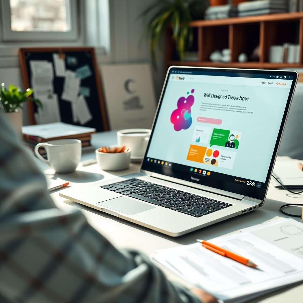 Imagine an artistically arranged desktop with an open laptop showcasing a well-designed landing page. The environment is bright and inviting, characterized by natural lighting that highlights colorful design elements on the screen. The setting could depict the chaos of creative brainstorming with drafts, sketch pads, and coffee cups nearby. The color palette should be bright and engaging—think fresh greens and whites. Capture this with an over-the-shoulder shot of the author, visibly excited about their work. Textures like the smooth screen glass and the rough paper should add dimension to the image.