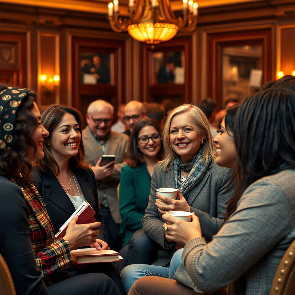 Visualize a gathering of authors at a networking event, engaging in lively discussions. This photorealistic image should highlight diverse individuals interacting, with an emphasis on facial expressions that convey enthusiasm. The setting is an elegantly decorated hall with warm lighting and comfortable seating. Key props include books and coffee cups, fostering a relaxed atmosphere. Capture the essence of connection with a medium shot focusing on two individuals exchanging ideas. A color scheme of warm golds and rich tones should dominate, invoking a sense of camaraderie. The details should reflect a welcoming and motivational environment.