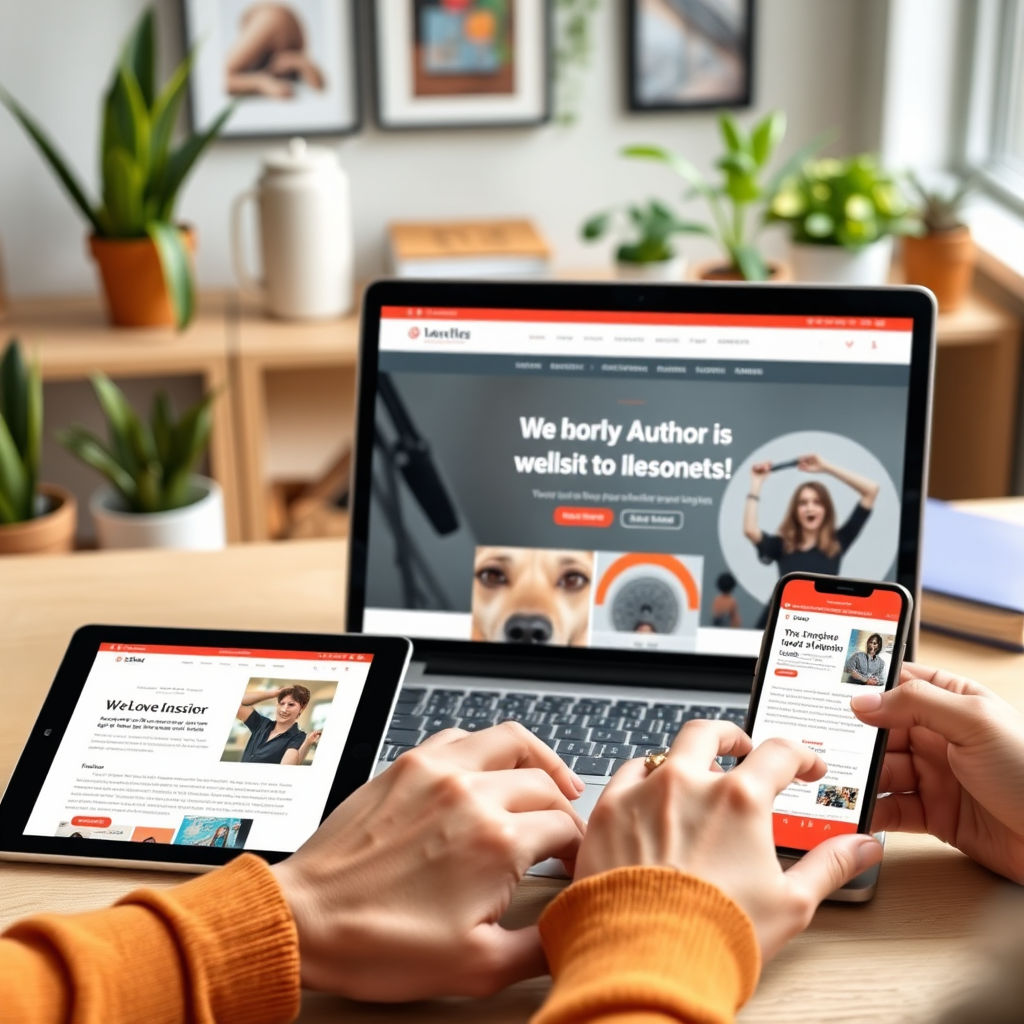 Visualize a vibrant digital representation of an author's website displayed on multiple devices, including a laptop, tablet, and smartphone. The background should be a modern workspace setting adorned with plants and inspiring decor. Soft lighting should illuminate the screens, revealing website features such as appealing layouts and engaging content. Use a color palette that harmonizes with internet trends—light blues and whites with vibrant contrasting colors. A dynamic camera angle should capture the author engaging with the devices, emphasizing ease of access. Incorporate texture details representing the technology interacting with hands.