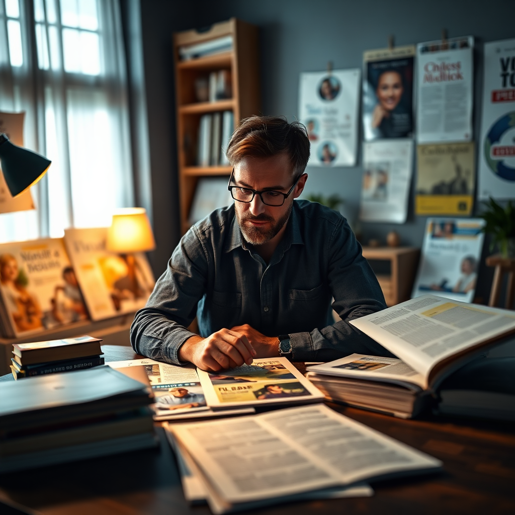 Visualize an author analyzing marketing materials in a creative studio. The image features various promotional posters and brochures scattered around a dark wooden table, illuminated with soft diffuse lighting. Use a color palette blending deep blues and light yellows to create a thoughtful environment. A close-up shot should capture the author’s focused expression as they brainstorm new ideas for reaching their audience. Highlighting different textures like paper and the natural grain of the wood should create depth and intrigue in the image.