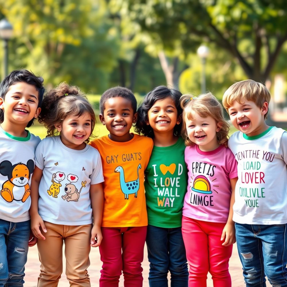 A photorealistic image of a group of children standing together, each wearing a different T-shirt with a unique design. The T-shirts feature a variety of playful illustrations, from cute animals to inspirational messages. The children are smiling and laughing, showcasing their individuality and confidence. The background is a bright and cheerful park. The lighting is bright and natural, creating a sense of energy and excitement. The color palette is vibrant and diverse, reflecting the variety of T-shirt designs. The camera angle is a wide shot, capturing the entire group of children. The style reference is inspired by fashion photography, with a focus on capturing movement and personality. Technical specs: 4K resolution, high-quality rendering with natural lighting.
