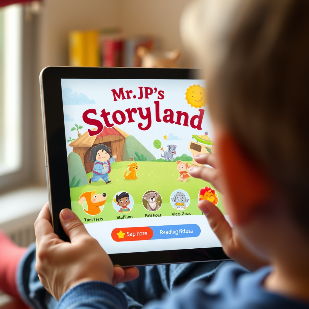 A close-up of a tablet screen displaying a Mr. JP's Storyland ebook, with animated characters and interactive elements. The screen should be held by a child's hands, showcasing the ease of use. Background: A cozy reading nook with soft lighting. Style: Clean, modern, bright colors, 4K resolution.
