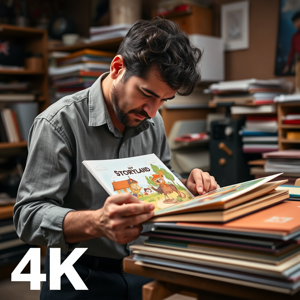 A craftsman meticulously assembling a Mr. JP's Storyland flipbook, showcasing the attention to detail and quality. The workshop should be filled with printing equipment and stacks of colorful paper. Style: Artisanal, warm lighting, 4K resolution.
