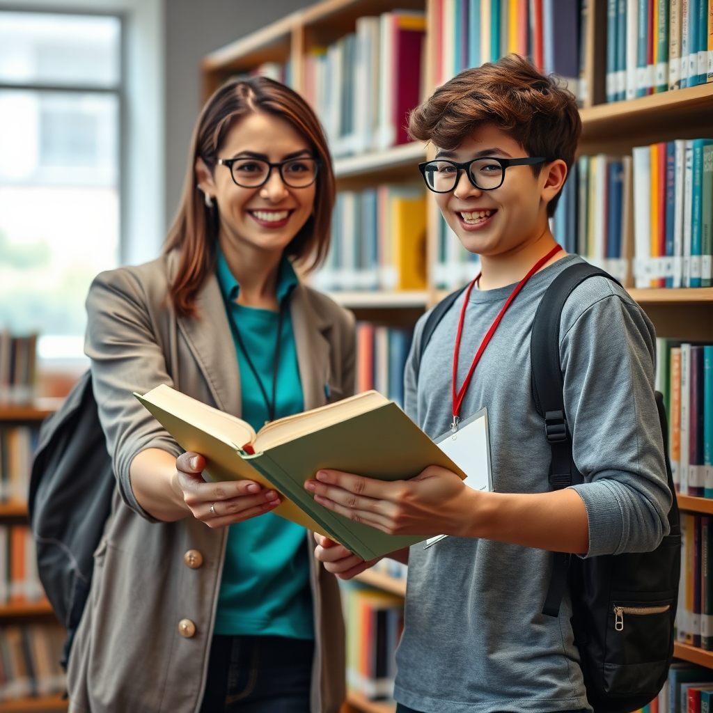 A photorealistic image of a friendly librarian handing a book to a teenager. The librarian should be smiling and the teenager should look excited. The background should be a well-stocked library shelf. Camera angle: medium shot, focusing on the interaction between the librarian and the teenager. Textures: crisp rendering of book covers, clothing and facial features. Environment: library. Props: books, reading glasses, library card. Style reference: friendly portrait. Technical specs: 4K resolution, high quality.