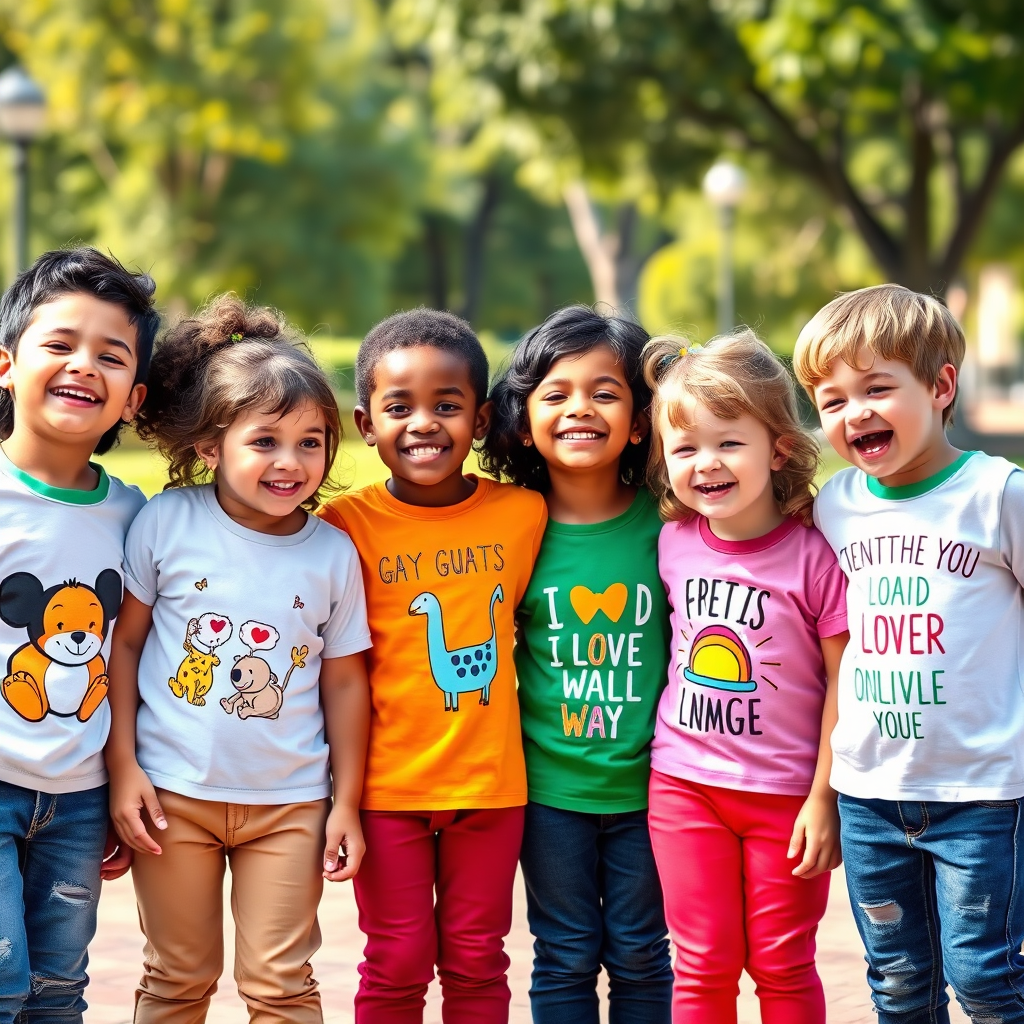 A photorealistic image of a group of children standing together, each wearing a different T-shirt with a unique design. The T-shirts feature a variety of playful illustrations, from cute animals to inspirational messages. The children are smiling and laughing, showcasing their individuality and confidence. The background is a bright and cheerful park. The lighting is bright and natural, creating a sense of energy and excitement. The color palette is vibrant and diverse, reflecting the variety of T-shirt designs. The camera angle is a wide shot, capturing the entire group of children. The style reference is inspired by fashion photography, with a focus on capturing movement and personality. Technical specs: 4K resolution, high-quality rendering with natural lighting.