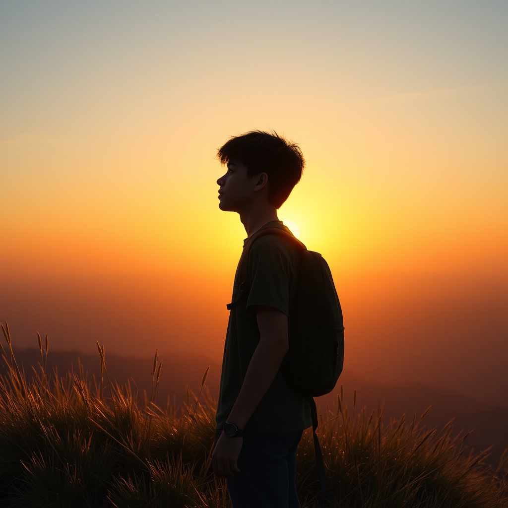 A photorealistic image of a teenager standing on a hilltop, looking out at a vast and open landscape. The teenager should be silhouetted against the sky, with the sun setting in the background. Camera angle: medium shot, focusing on the teenager's face and the surrounding landscape. Textures: detailed rendering of grass, sky, and skin. Environment: hilltop at sunset. Props: backpack, journal. Style reference: coming-of-age film poster. Technical specs: 4K resolution, high quality.