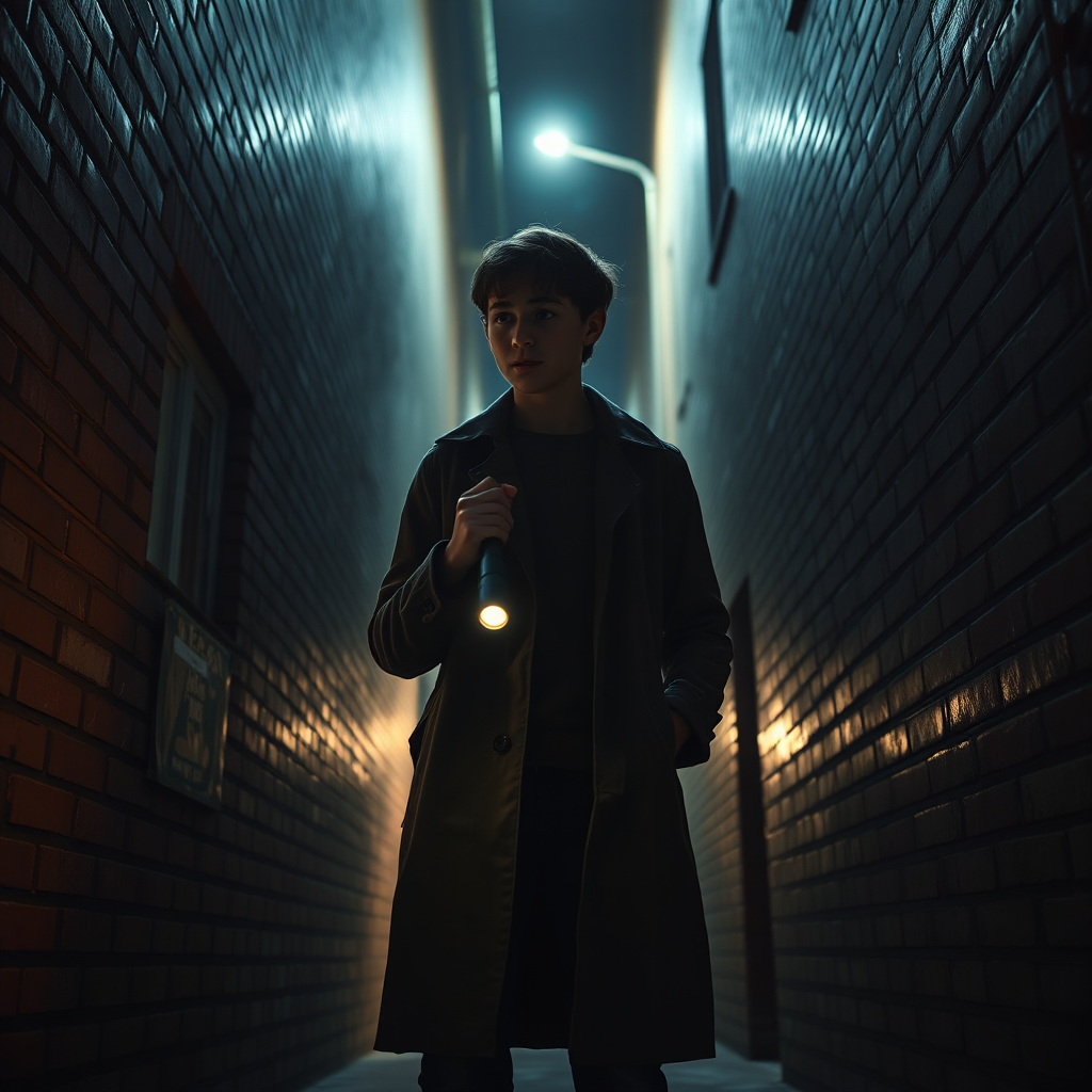 A photorealistic image of a teenager standing in a dimly lit alleyway, holding a flashlight and looking cautiously around. The alleyway should be dark and mysterious, with shadows lurking in the corners. Camera angle: low angle shot, emphasizing the height of the buildings and the teenager's vulnerability. Textures: detailed rendering of brick, shadows, and light. Environment: dark alleyway. Props: flashlight, trench coat. Style reference: film noir photography. Technical specs: 4K resolution, high quality.