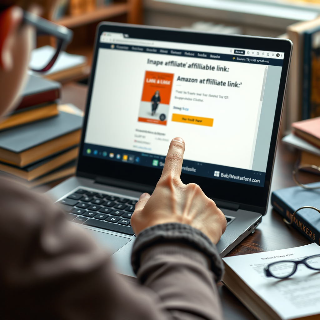 A photorealistic image of a teenager clicking on an Amazon affiliate link on a laptop. The screen should display a book cover and a purchase button. Camera angle: close-up shot, focusing on the laptop screen and the teenager's hand. Textures: Crisp rendering of the laptop screen and the teenager's skin. Environment: study room. Props: laptop, books, reading glasses. Style reference: tech product shot. Technical specs: 4K resolution, high quality.