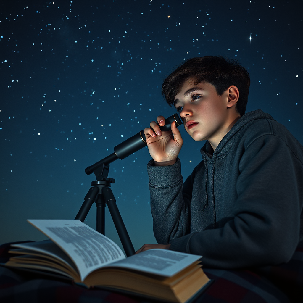 A photorealistic image of a teenager looking through a telescope at a starry night sky, with a non-fiction book about astronomy open beside them. The scene should be dark and mysterious, with the telescope and stars providing points of light. Camera angle: medium shot, focusing on the teenager's face and the telescope. Textures: detailed rendering of the telescope, stars, and book. Environment: outdoors, at night. Props: telescope, book, blanket. Style reference: astronomy photography. Technical specs: 4K resolution, high quality.